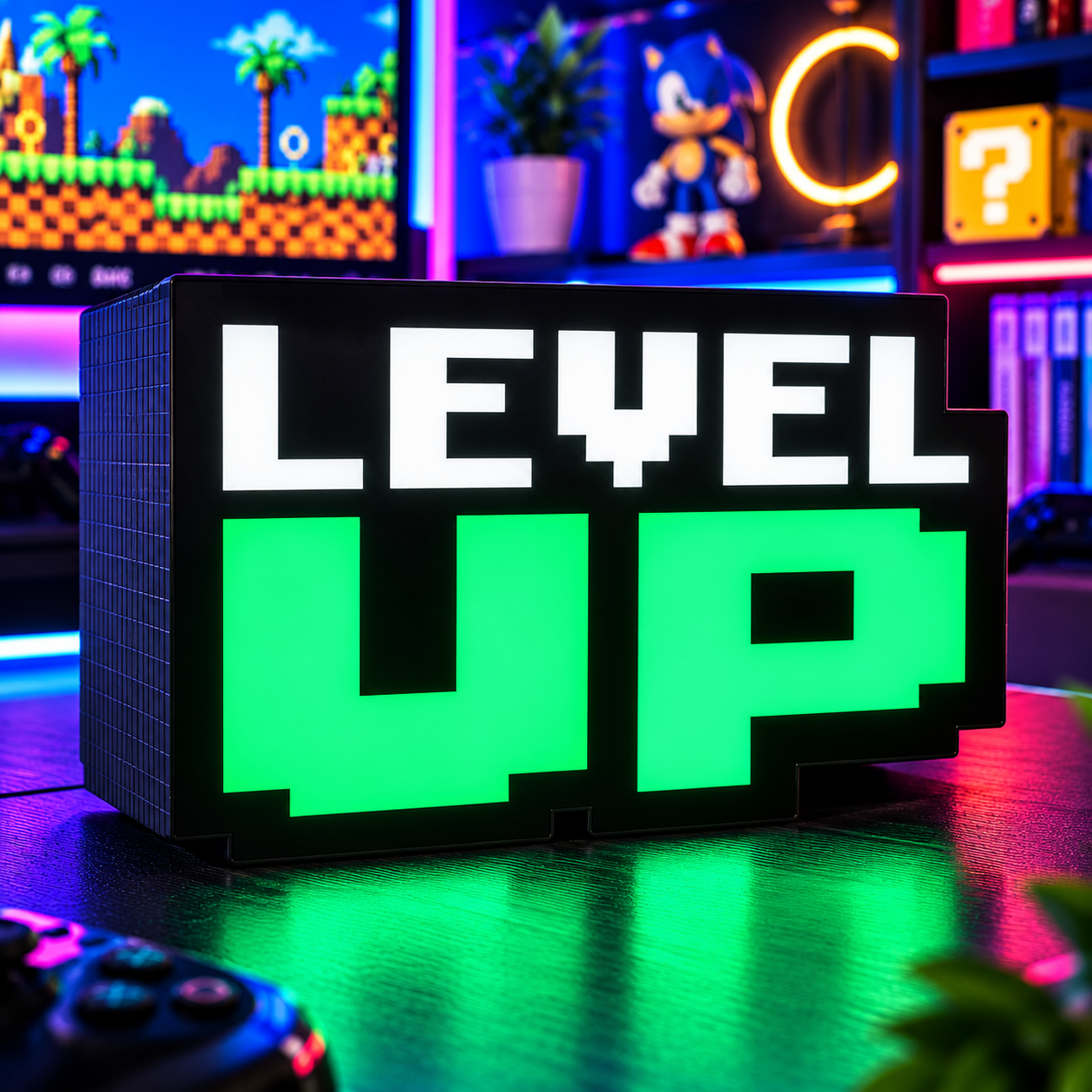 Letrero pixel art «LEVEL UP» retro Lámpara Level up con sonido - Imagen 1