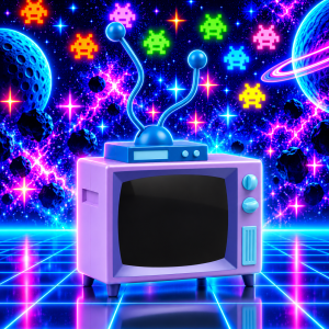 Televisor retro en galaxia neón